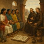 Sabios tlamatinime conversando con frailes españoles en México en el siglo XVI, según los Coloquios de Sahagún